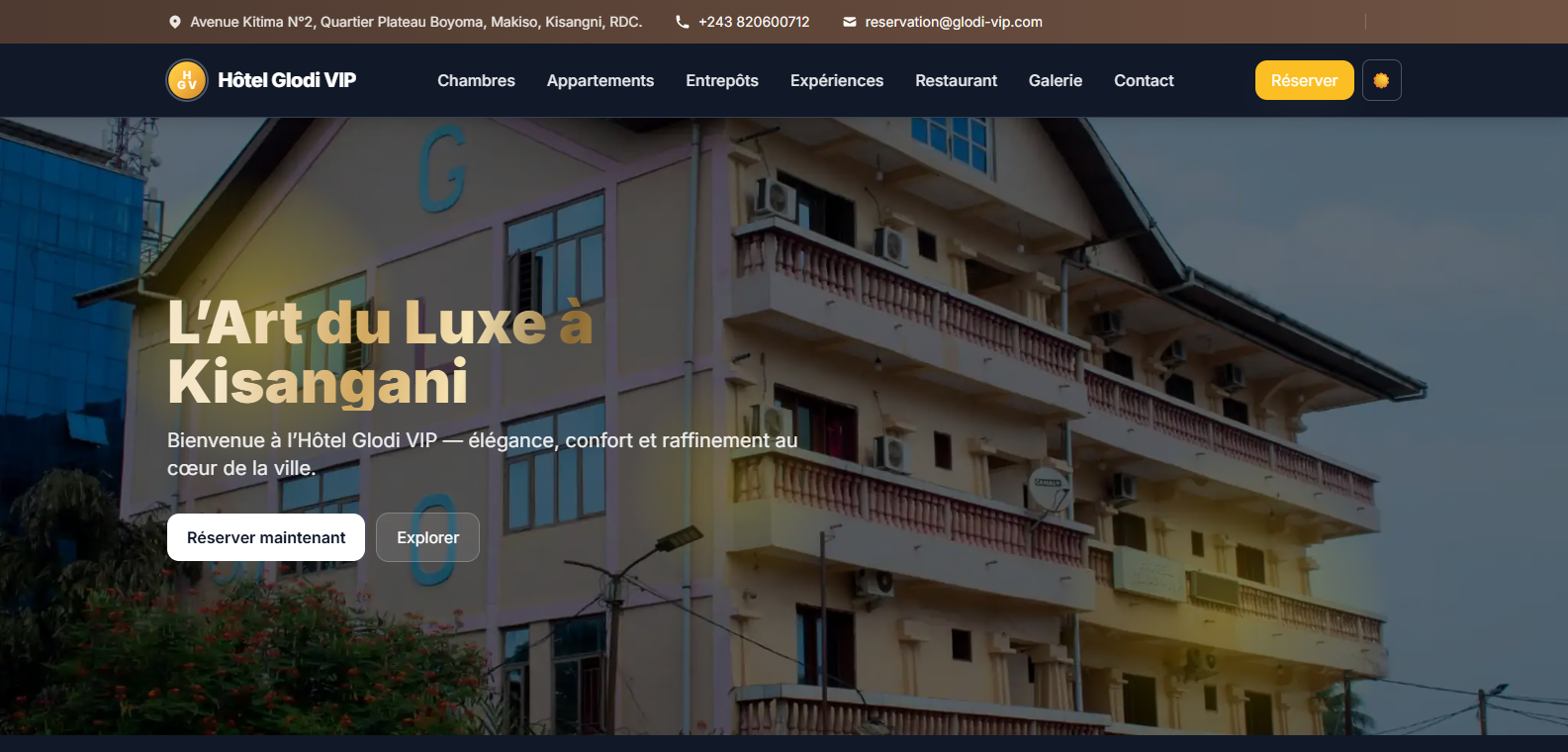 Page d'accueil du site de l'Hôtel Glody VIP