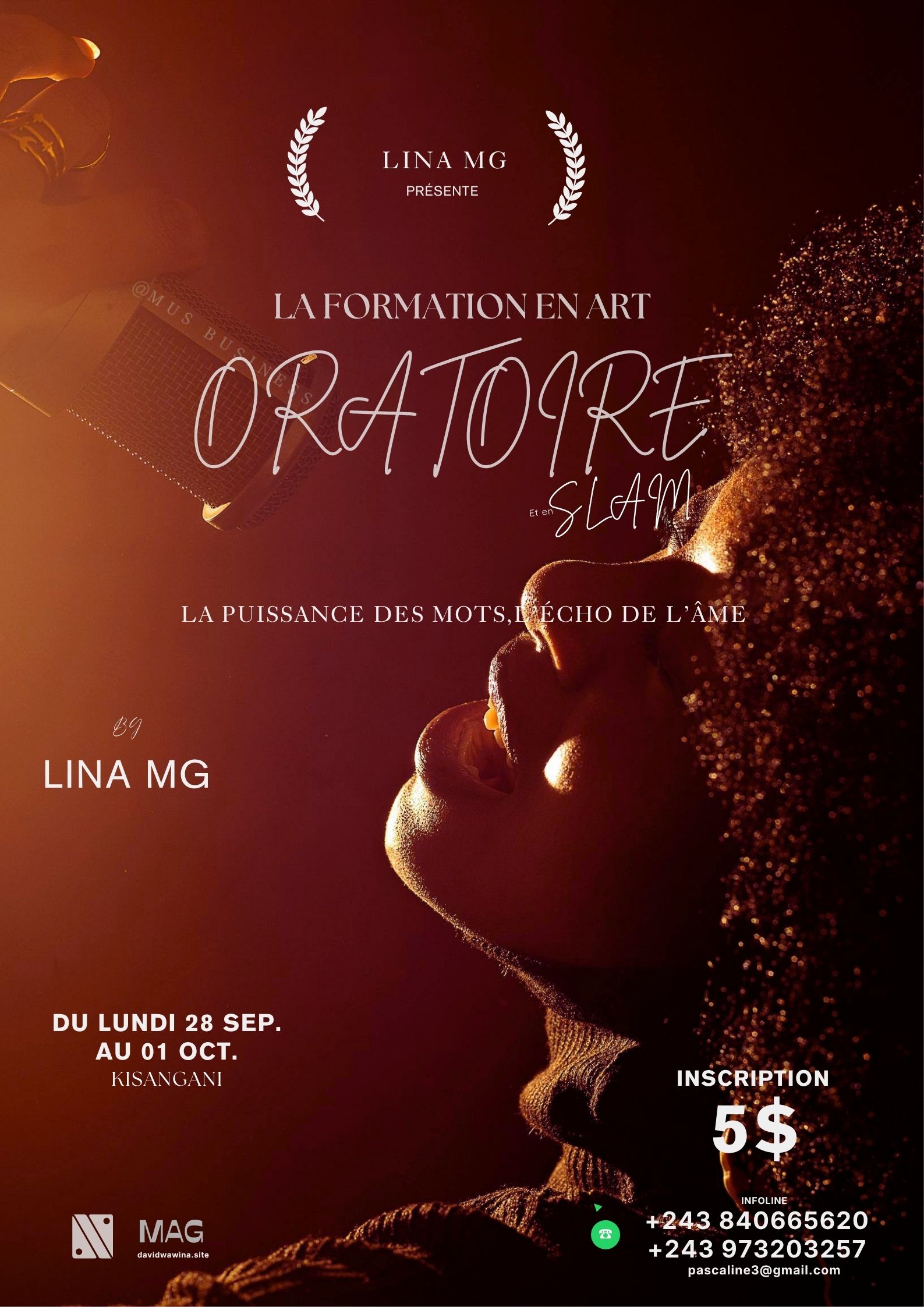Affiche de la master-class en art oratoire et slam de Lina Mg